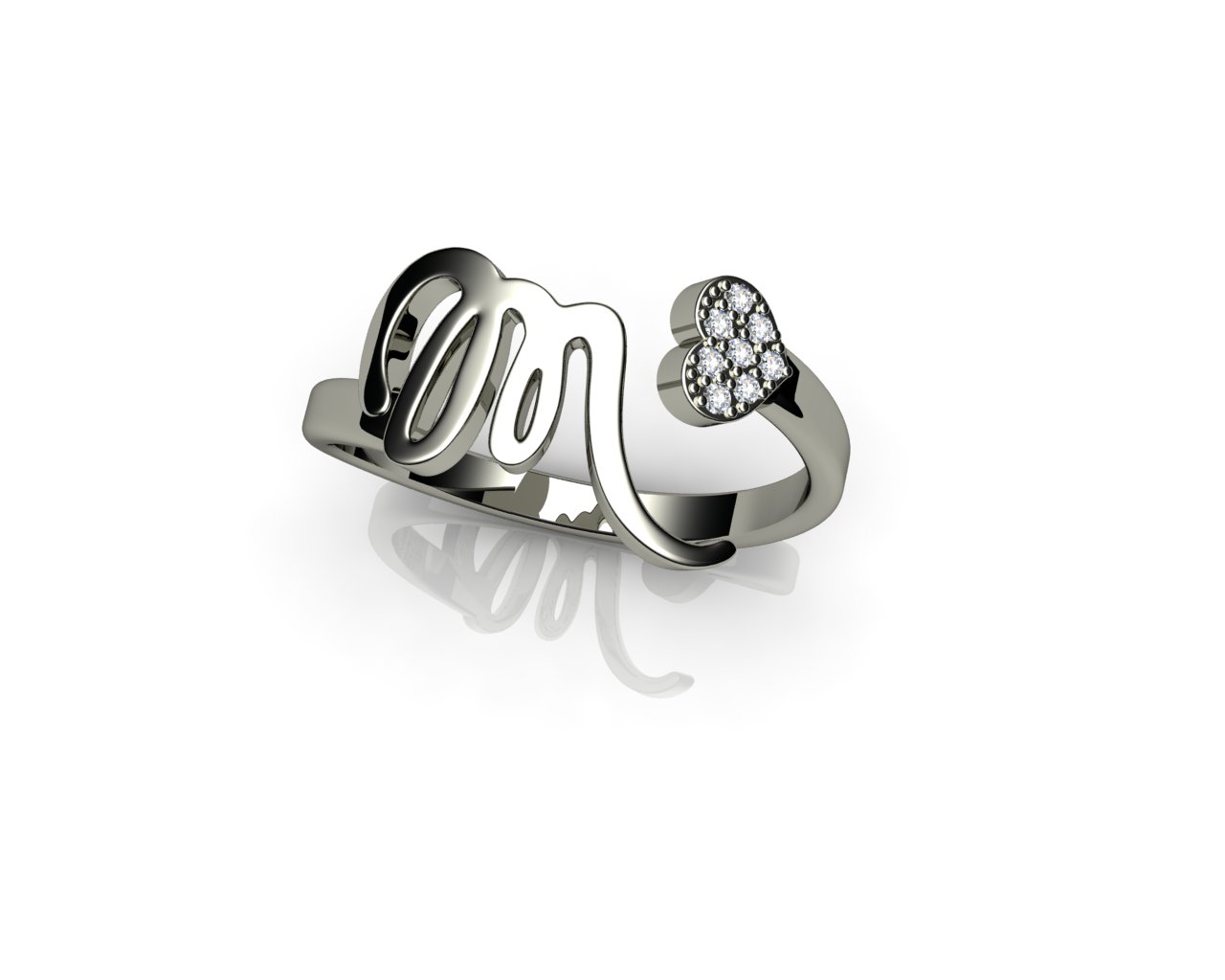 Кольцо с одной буквой и сердцем без камней или с фианитами в серебре